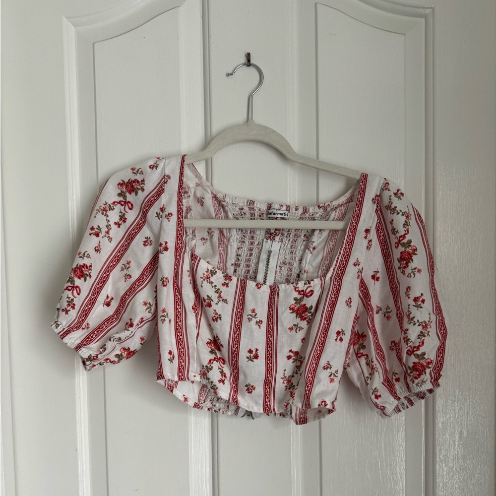 Reformation Floral Striped Crop Top - Red and White